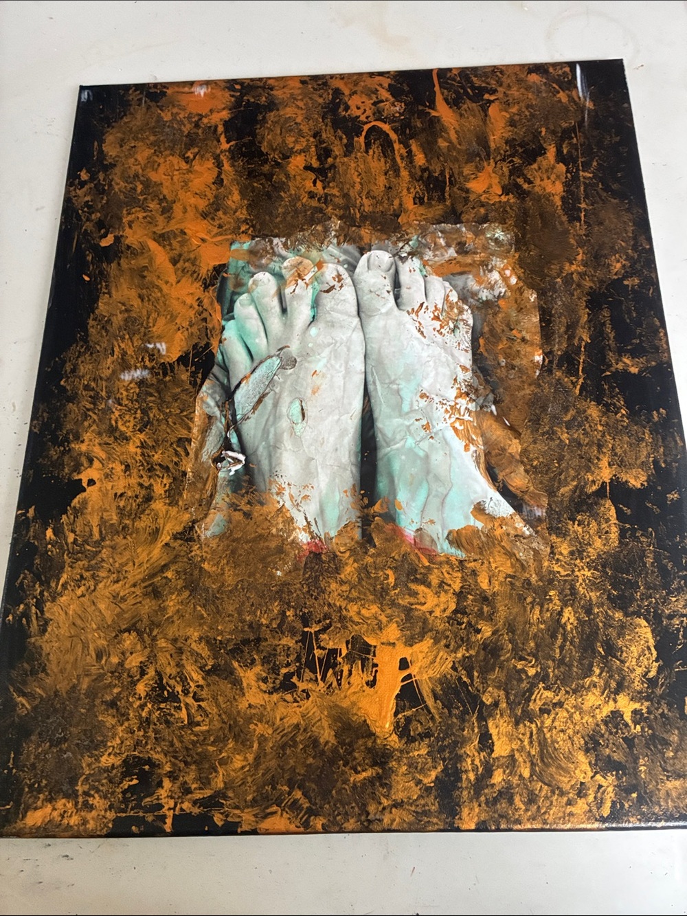 Contemporary Mixed Media Foot Study Wall Art in Teal, Orange & Black
